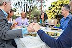 Six mature adult friends holding each others hands at garden party table
