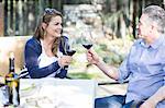Mature couple making a red wine toast at garden table