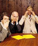 1970s BUSINESSMEN AS THREE WISE MONKEYS SEE NO EVIL HEAR NO EVIL SPEAK NO EVIL