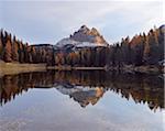 Tre Cime di Lavaredo reflected in Lago d'Antorno at Sunrise, Misurina, Cadore, Belluno District, Veneto, Dolomites, Italy