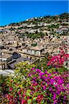 Flowering shrubs and overview of the historical city of Modica on the mountain side in the Province of Ragusa in Sicily, Italy