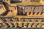 High angle view of stone balconies and rooftop of historic buildings in the city of Noto in the Province of Syracuse in Sicily, Italy