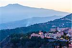 Overview of Taormina with Mount Etna in the background, Sicily, Italy