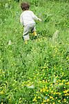 Child running through grass, rear view