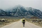 Rear view of hiker on road by mountains, Lone Pine, California, USA