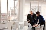 Businessman and businesswoman use a laptop in a meeting.