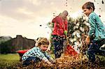 Two young boys playing in leaves.