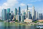 Singapore skyline, financial district skyscrapers with the Fullerton Hotel and Jubilee Bridge in the foreground by Marina Bay, Singapore, Southeast Asia, Asia