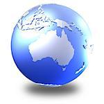 Australia on bright metallic model of planet Earth with blue ocean and shiny embossed continents with visible country borders. 3D illustration isolated on white background with shadow.