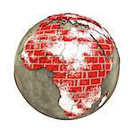 Africa on brick wall model of planet Earth with continents made of red bricks and oceans of wet concrete. Concept of global construction. 3D illustration isolated on white background.