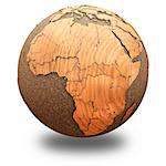 Africa on 3D model of wooden planet Earth with oceans made of cork and wooden continents with embossed countries. 3D illustration isolated on white background with shadow.