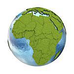 Africa on 3D model of planet Earth with grassy continents with embossed countries and blue ocean. 3D illustration isolated on white background.