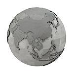 Southeast Asia on 3D model of metallic planet Earth made of steel plates with embossed countries. 3D illustration isolated on white background.