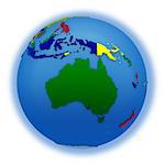 Australia on political 3D model of Earth with embossed continents and countries in various colors. 3D illustration isolated on white background.