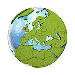 Europe on 3D model of planet Earth with grassy continents with embossed countries and blue ocean. 3D illustration isolated on white background.