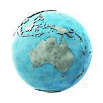 Australia on 3D model of planet Earth made of blue marble with embossed countries and blue ocean. 3D illustration isolated on white background.