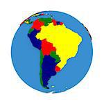 South America on political 3D model of Earth with embossed continents and countries in various colors. 3D illustration isolated on white background.