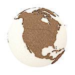 North America on 3D model of planet Earth with oceans made of polystyrene and continents made of cork with embossed countries. 3D illustration isolated on white background.