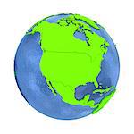 North America on elegant green 3D model of planet Earth with realistic watery blue ocean and green continents with visible country borders. 3D illustration isolated on white background.