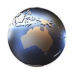 Australia on elegant metallic model of planet Earth with blue ocean and shiny embossed continents with visible country borders. 3D illustration isolated on white background.