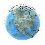 North America on 3D model of planet Earth made of blue marble with embossed countries and blue ocean. 3D illustration isolated on white background.
