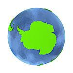 Antarctica on elegant green 3D model of planet Earth with realistic watery blue ocean and green continents with visible country borders. 3D illustration isolated on white background.