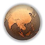 Southeast Asia on 3D model of wooden planet Earth with oceans made of cork and wooden continents with embossed countries. 3D illustration isolated on white background.