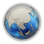 Southeast Asia on 3D model of blue Earth with embossed countries and blue ocean. 3D illustration isolated on white background.