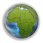 Africa on 3D model of planet Earth with grassy continents with embossed countries and blue ocean. 3D illustration isolated on white background.