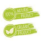 100 percent natural and eco friendly with leaf sign in green drawn banners, bio ecology concept