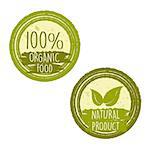 100 percent organic food and natural product with leaf signs in green circle labels, bio ecology concept