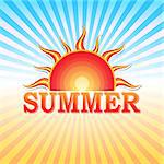 label with text summer and drawn sun in yellow red gradient and blue orange rays