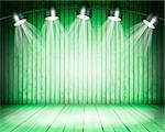 Illuminated empty green concert stage with soffits. 3D illustration