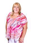 Smiling transgender woman in tie dye shirt on white background