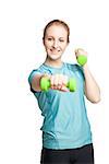 Athletic young woman works out with green dumbbells, isolated on white