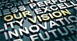 3D illustration of a company vision statement with blur effect and many positive words surrounding the main text