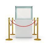 Glass showcase for exhibit with gold fence and red rope. 3D illustration