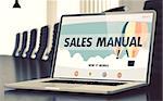 Sales Manual - Landing Page with Inscription on Mobile Computer Screen on Background of Comfortable Meeting Hall in Modern Office. Closeup View. Blurred Image with Selective focus. 3D Rendering.