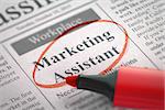 Newspaper with Classified Advertisement of Hiring Marketing Assistant. Blurred Image with Selective focus. Hiring Concept. 3D Render.
