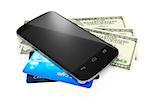 3d rendering of a smartphone, dollar notes and credit cards for mobile payment