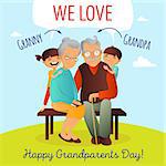 Grandparents Day vector concept. Illustration with happy family. Grandfather, grandmother and grandchildren. Cute old couple greeting card.