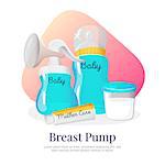 Vector goods for expression of breast milk. Newborn accessories illustration in cartoon style. Breast pump, milk bottle, container, woman breast cream.