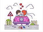 Love concept flat. Newlyweds kissing in car with cans. Vector illustration