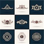 Luxury logos monogram. Vintage royal flourishes elements. Calligraphic symbol ornament. Letter L, B, V, G, A, S, K, X. Design luxury logos set. Vector pattern flourishes emblem set. Calligraphic frame