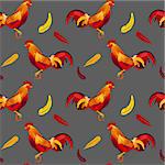 Color fire cock seamless pattern on gray background. Chinese calendar Zodiac for 2017 New Year of red rooster.