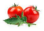 Red tomatoes with green leaf, isolated on white background