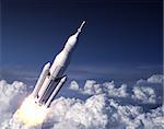 Space Launch System Takes Off In The Blue Sky. 3D Illustration.