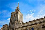 Palace of Culture and Science in Warsaw at sunny day. View from below.