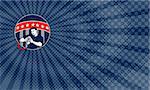 Business Card showing Illustration of a flag football player QB holding ball running set inside circle with stars and stripes in the background done in retro style.