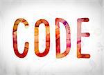 The word "Code" written in watercolor washes over a white paper background concept and theme.